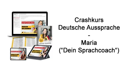 Laptop, Tablet und Arbeitsheft des Crashkurs Deutsche Aussprache mit dem Schriftzug Maria (Dein Sprachcoach)