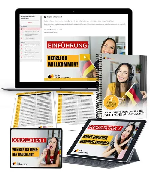 Laptop, Tablet und Arbeitsheft mit den Videolektionen des Crashkurs Deutsche Aussprache von Maria
