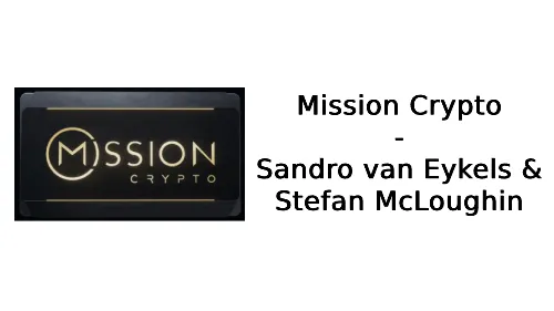Schwarze Kursbox von Mission Crypto neben dem Schriftzug Mission Crypto – Sandro van Eykels & Stefan McLoughin