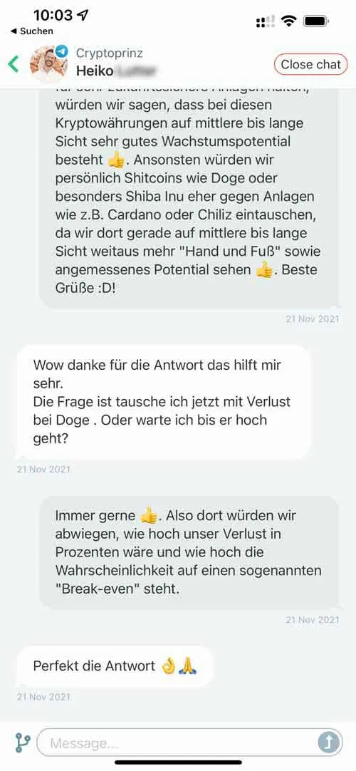 Cryptoprinz-Chat mit Heiko über Kryptowährungen wie Doge und Cardano mit Antwort des Teams