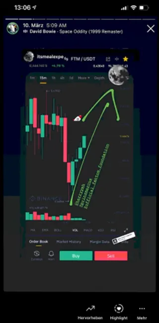 Instagram-Story eines Cryptoprinz-Kunden mit steigendem FTM/USDT-Chart