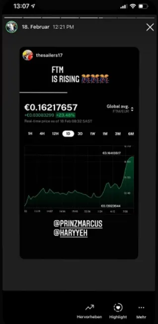 Instagram-Story mit steigendem Fantom-Kurs und Markierung von Prinz Marcus als Cryptoprinz Erfahrung