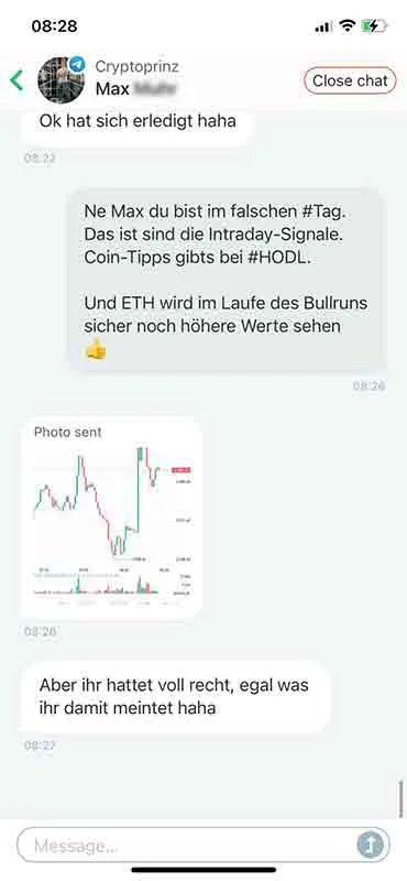 Cryptoprinz-Messenger-Chat mit Max über Coin-Tipps, Intraday-Signale und die Entwicklung von ETH
