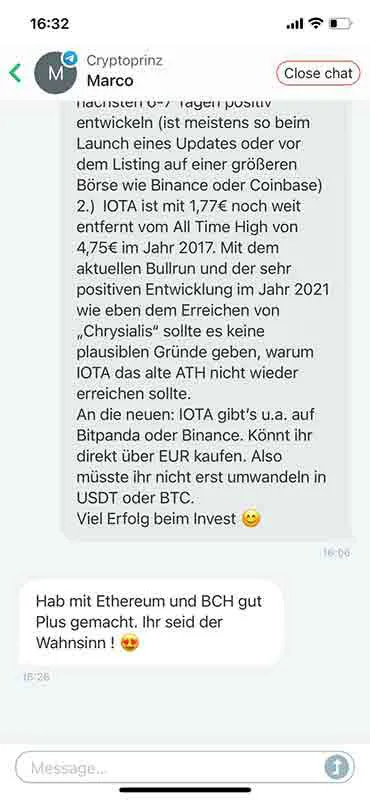 Cryptoprinz-Chat mit Marco, in dem das Team ausführlich eine Frage zu IOTA beantwortet