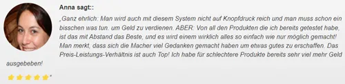 Fünf-Sterne-Kundenstimme von Anna zum Online Business Komplett System: Preis-Leistungs-Verhältnis ist top