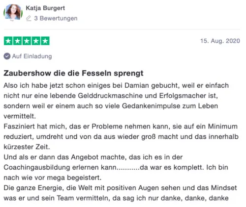 Trustpilot-Bewertung von Katja Burgert über Damian Richter: Zaubershow die die Fesseln sprengt