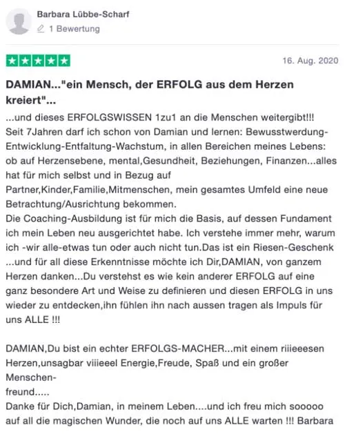 Trustpilot-Bewertung von Barbara Lübbe-Scharf über Damian Richter: ein Mensch, der Erfolg aus dem Herzen kreiert