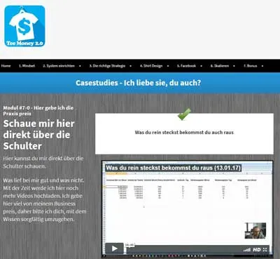 Design des Teemoney Videokurses mit großem Logo, Navigation und Casestudy-Video von Daniel Gaiswinkler