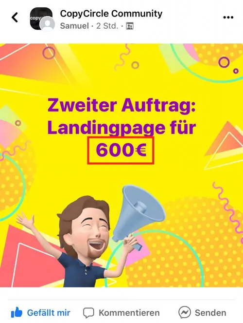 Post in der CopyCircle Community: Zweiter Auftrag – Landingpage für 600€