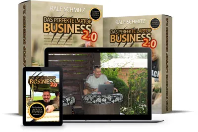 Kursboxen von Das perfekte Laptop Business 2.0 (Afrika Edition) mit Laptop und Tablet, auf denen Ralf Schmitz zu sehen ist