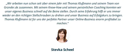 Kundenstimme von Stevka Scheel über das Coaching von Thomas Klußmann und seinem Team