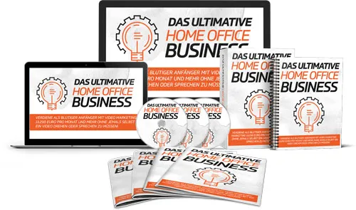 Kursprodukte des ultimativen Home Office Business von Ralf Schmitz auf Laptop, Tablet, DVDs und Heften