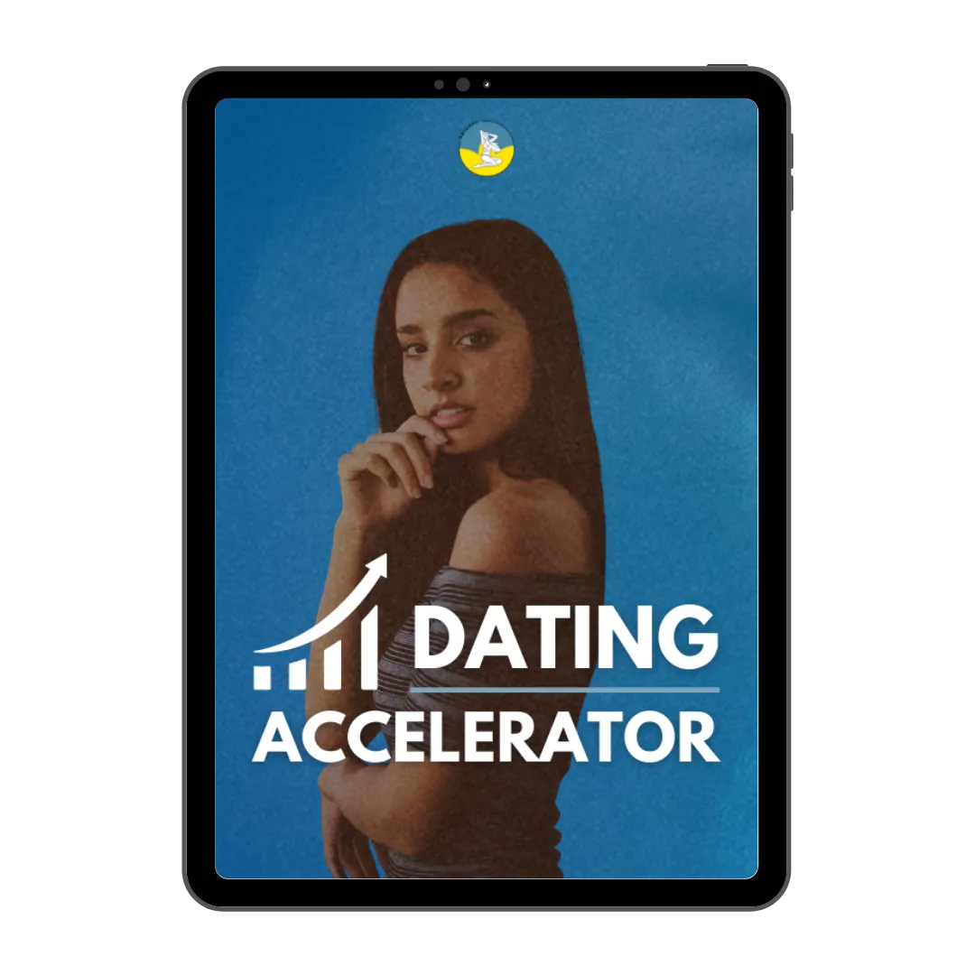 Cover des Dating Accelerator auf einem Tablet mit dem Schriftzug Dating Accelerator vor blauem Hintergrund