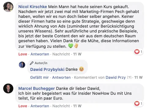 Facebook-Kommentare von Nicol Kirschke und Marcel Buchegger mit Lob für den Kurs von Dawid Przybylski