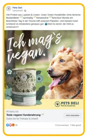 Beispiel-Werbeanzeige auf Facebook für vegane Hundenahrung aus dem E-Book von Dawid Przybylski