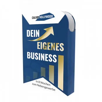 Blaue Kursbox von Dein eigenes Business von Calvin Hollywood mit dem Hinweis In 8 Wochen zum Nebengewerbe