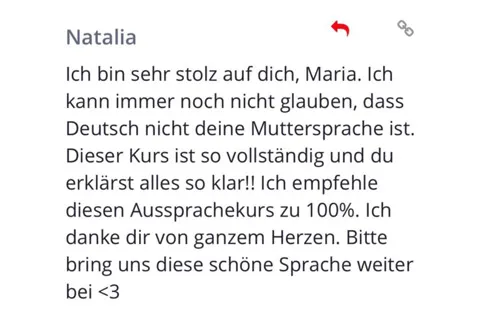 Kundenstimme von Natalia, die den Aussprachekurs von Dein Sprachcoach Maria zu 100 % empfiehlt