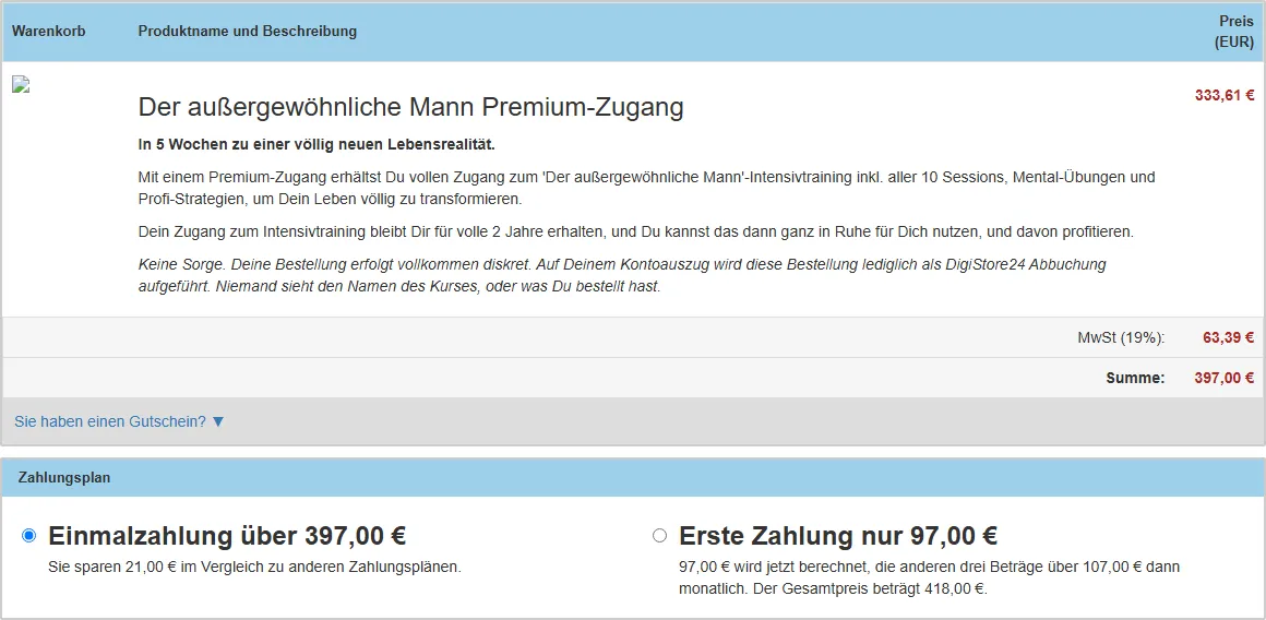 Bestellformular von Der außergewöhnliche Mann Premium-Zugang mit 397 Euro inklusive Mehrwertsteuer und zwei Zahlungsplänen
