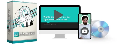 Kursbox, Monitor, Smartphone und DVD des Online-Kurses Online Rauchfrei – Die 60 Sekunden Methode