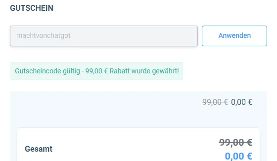 Ausschnitte aus dem Bestellformular von Die Macht von ChatGPT mit gewährtem Rabatt und dem Gesamtbetrag 0,00 Euro
