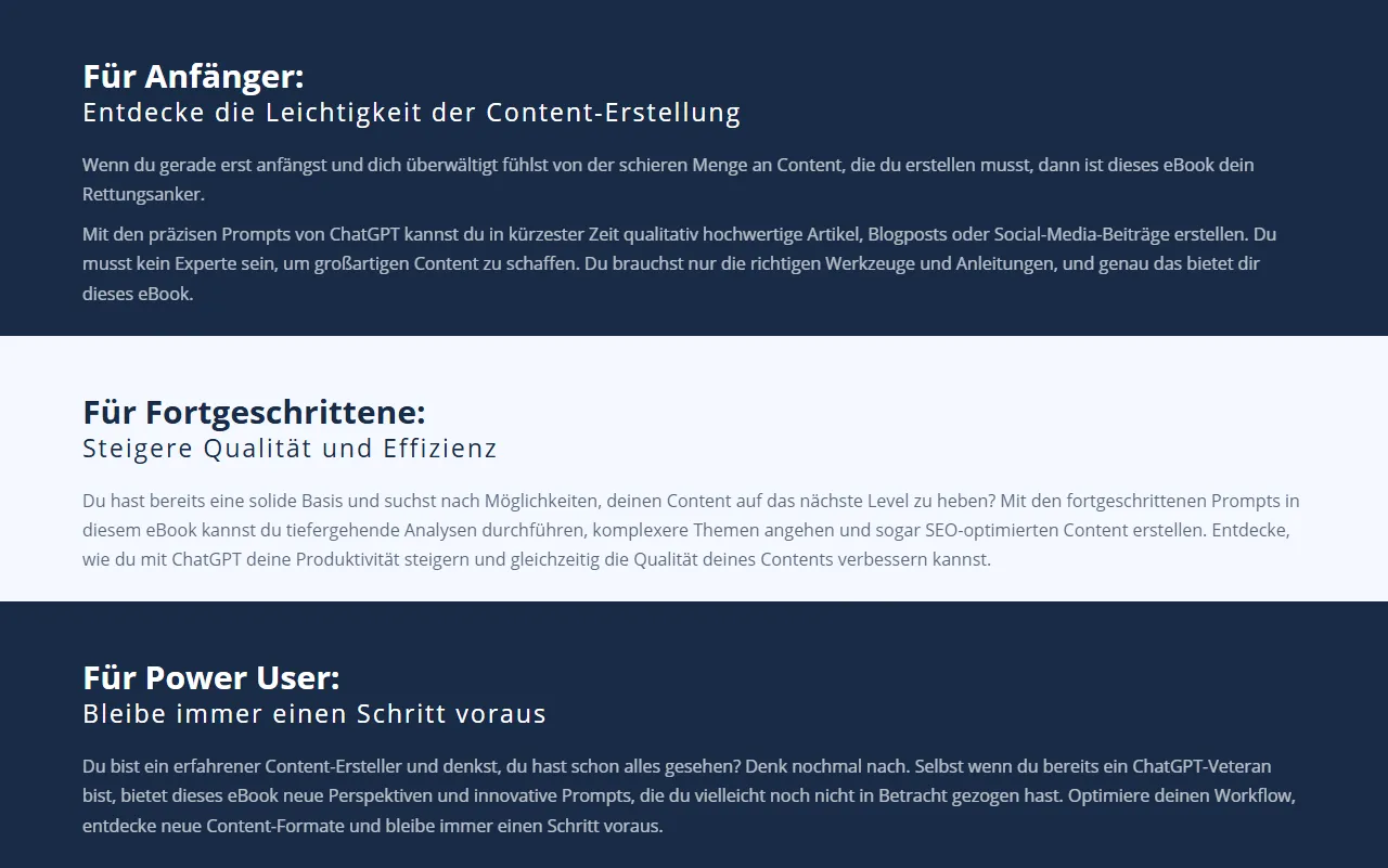 Abschnitt der Produktseite von Die Macht von ChatGPT mit den Lesergruppen Anfänger, Fortgeschrittene und Power User