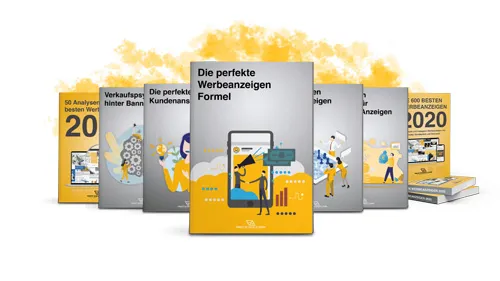 Produktboxen der perfekten Werbeanzeigen-Formel von Finest Audience vor gelbem Hintergrund