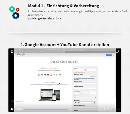Modul 1 Einrichtung & Vorbereitung im YouTube Kurs 2.0 mit Video zu Google Account und YouTube Kanal