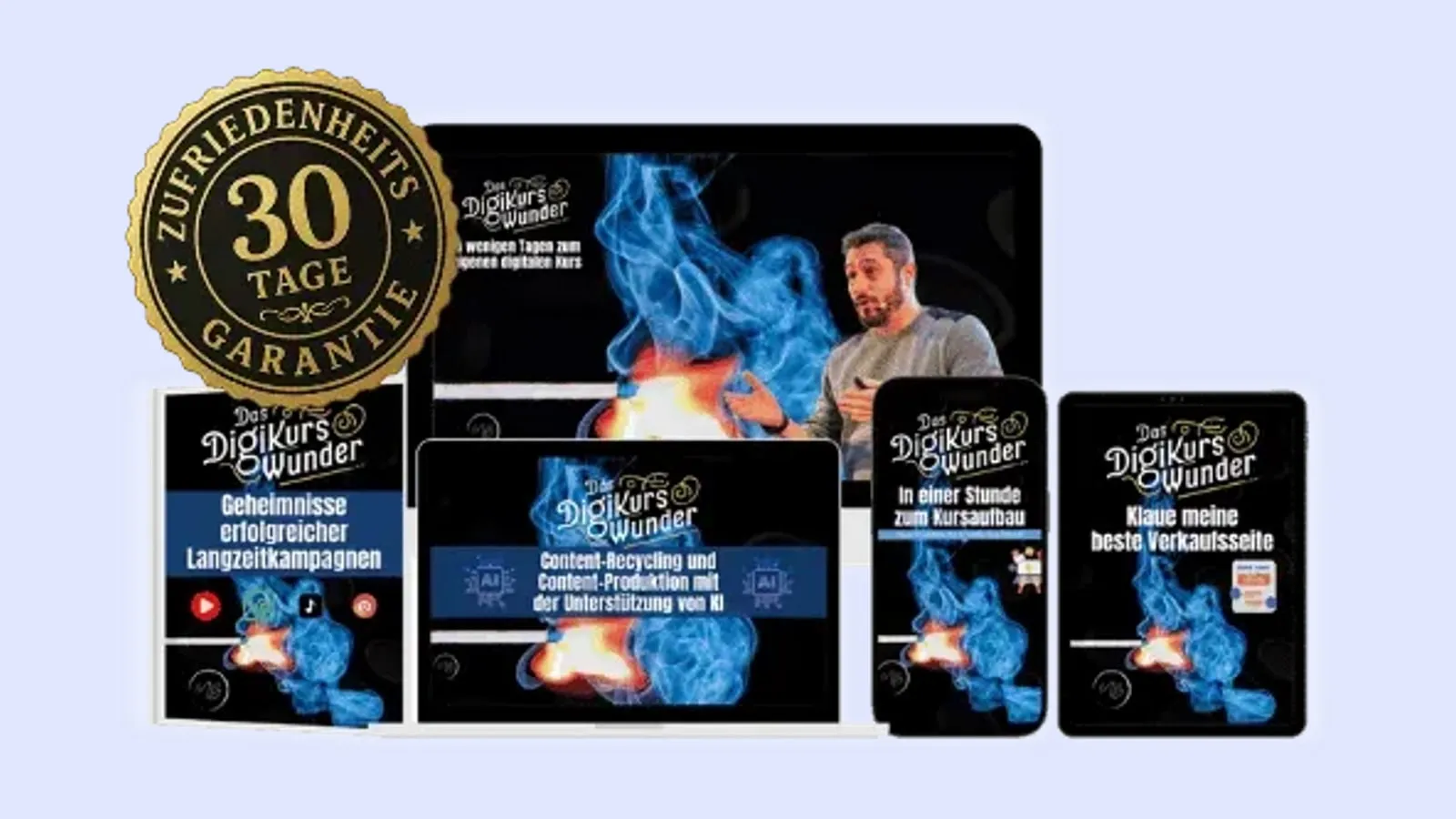 Paketbild des Digikurswunders von Mario Burgard mit Laptop, Tablet und Smartphone im blauen Flammen-Design