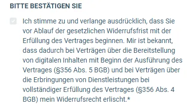Text des Häkchens im Bestellformular des Digikurswunders zum Beginn vor Ablauf der Widerrufsfrist
