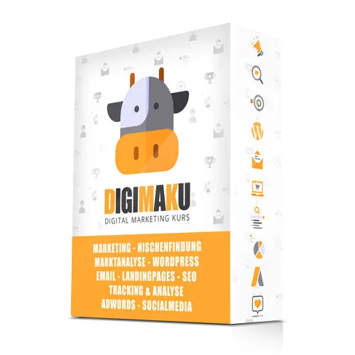 Kursbox von DIGIMAKU mit Themen wie Nischenfindung, WordPress, Email, Landingpages, SEO und Social Media