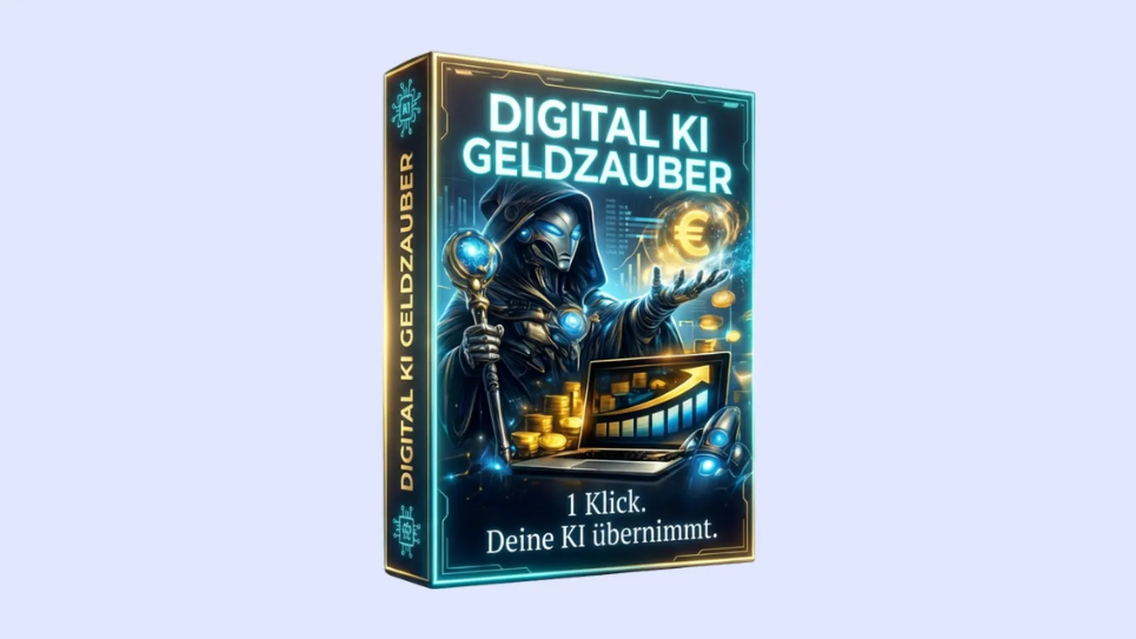 Produktbox der Software Digital KI Geldzauber mit Zauberer-Figur, Euro-Münzen und Laptop