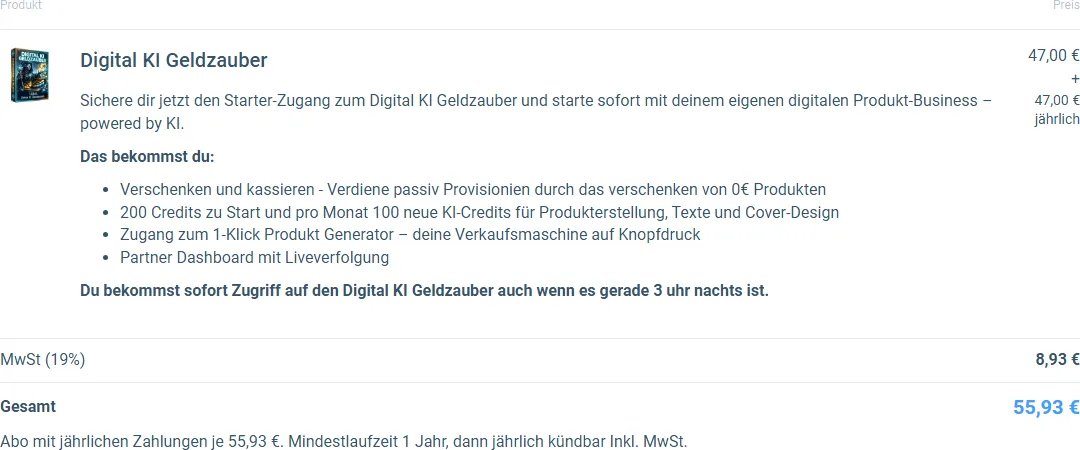 Bestellformular von Digital KI Geldzauber mit 47 Euro netto, 8,93 Euro Mehrwertsteuer und 55,93 Euro gesamt im Jahr