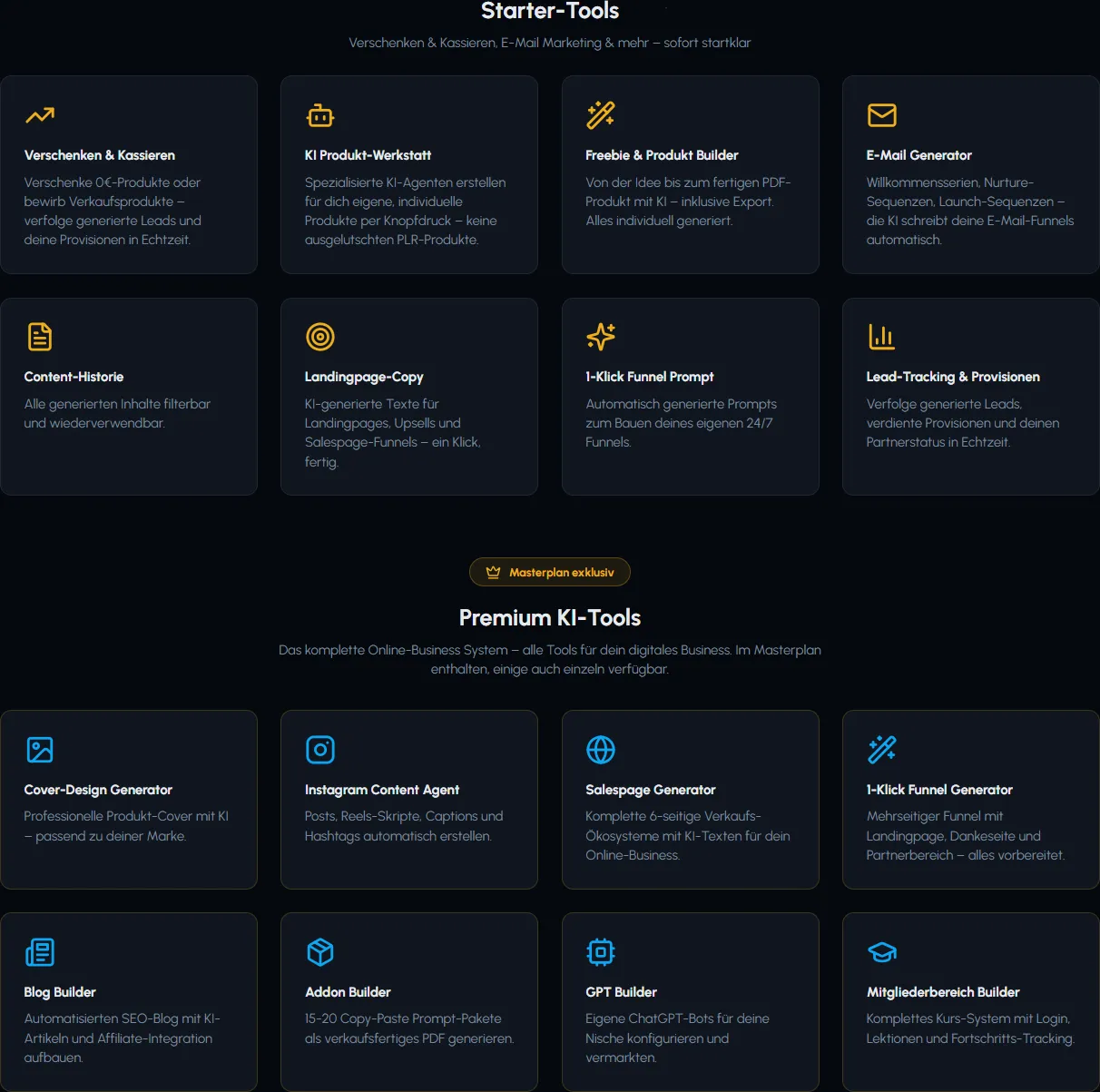 Funktionsübersicht von Digital KI Geldzauber mit den Starter-Tools und den Premium-Tools des Masterplans