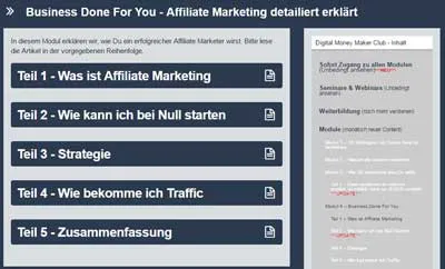 Modul Business Done For You im Digital Money Maker Club mit Lektionen zu Affiliate Marketing