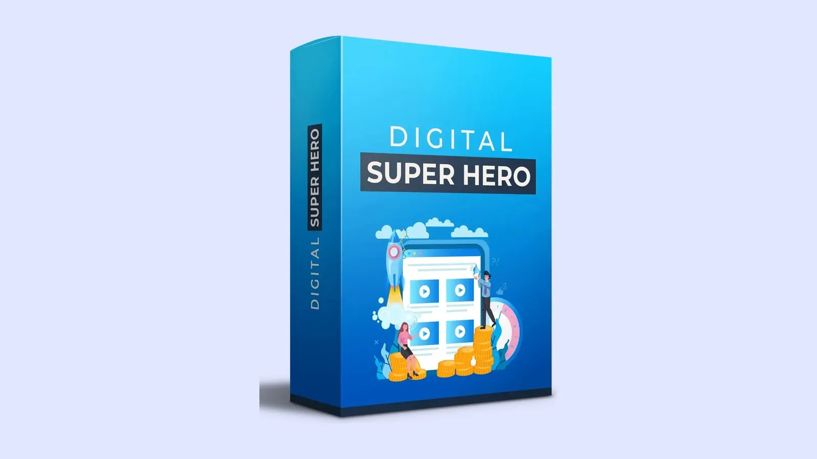 Blaue Kursbox von Digital Superhero mit Browserfenster, Rakete und Münzen auf ruhigem Hintergrund