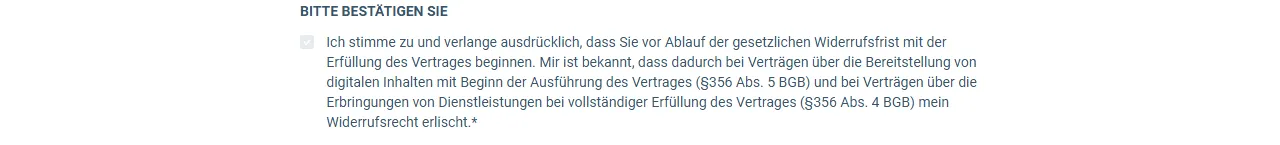 Pflicht-Häkchen im Bestellformular von Digital Superhero zur Zustimmung zum Vertragsbeginn vor Ablauf der Widerrufsfrist