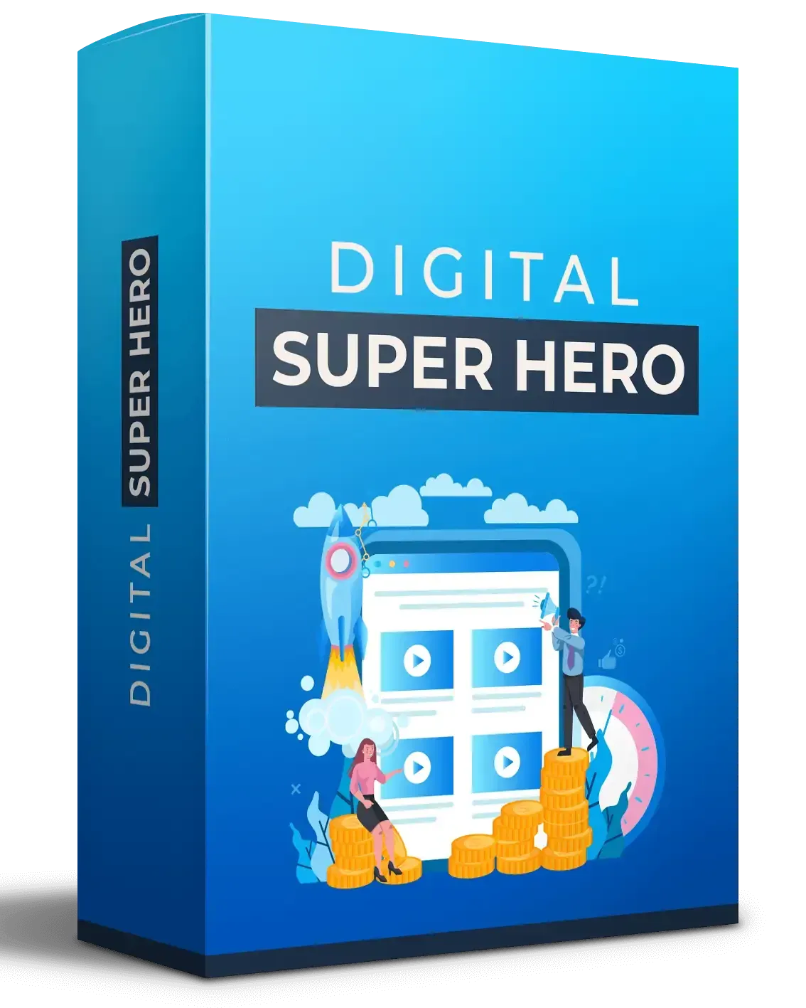 Blaue Kursbox mit dem Schriftzug Digital Super Hero und einer Illustration aus Browserfenster, Rakete und Münzen