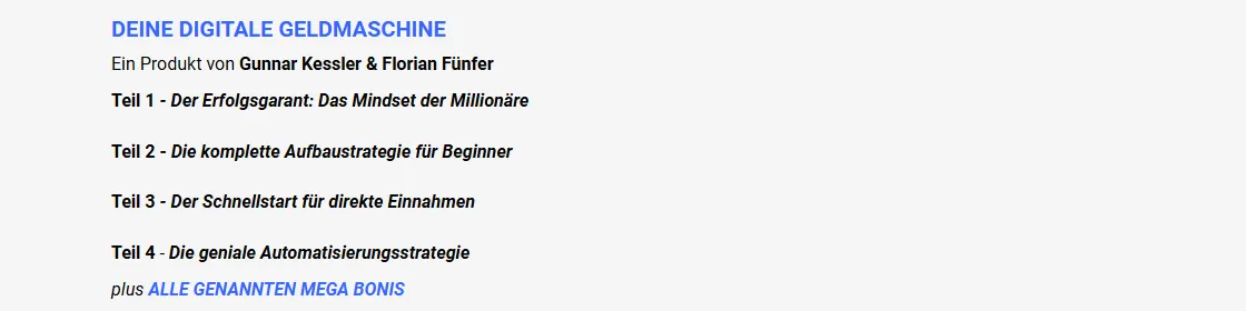 Die vier Teile der Digitalen Geldmaschine von Gunnar Kessler und Florian Fünfer im Bestellformular
