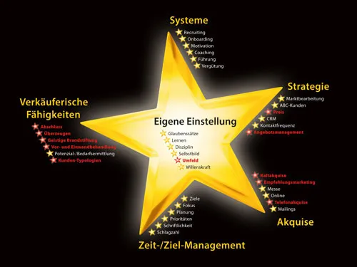 Stern-Grafik mit den 6 Faktoren des Erfolgs im Vertrieb: Eigene Einstellung, Systeme, Strategie, Akquise, Zeit-/Ziel-Management und verkäuferische Fähigkeiten