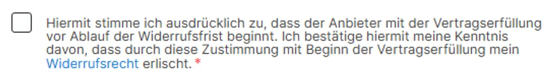 Häkchen im Bestellformular von Dream Deal mit dem Text zur Zustimmung und zum Widerrufsrecht
