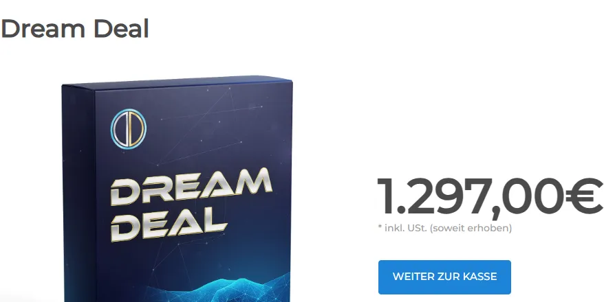 Ausschnitt der Produktseite von Dream Deal mit dem Preis 1.297,00 Euro inklusive Umsatzsteuer
