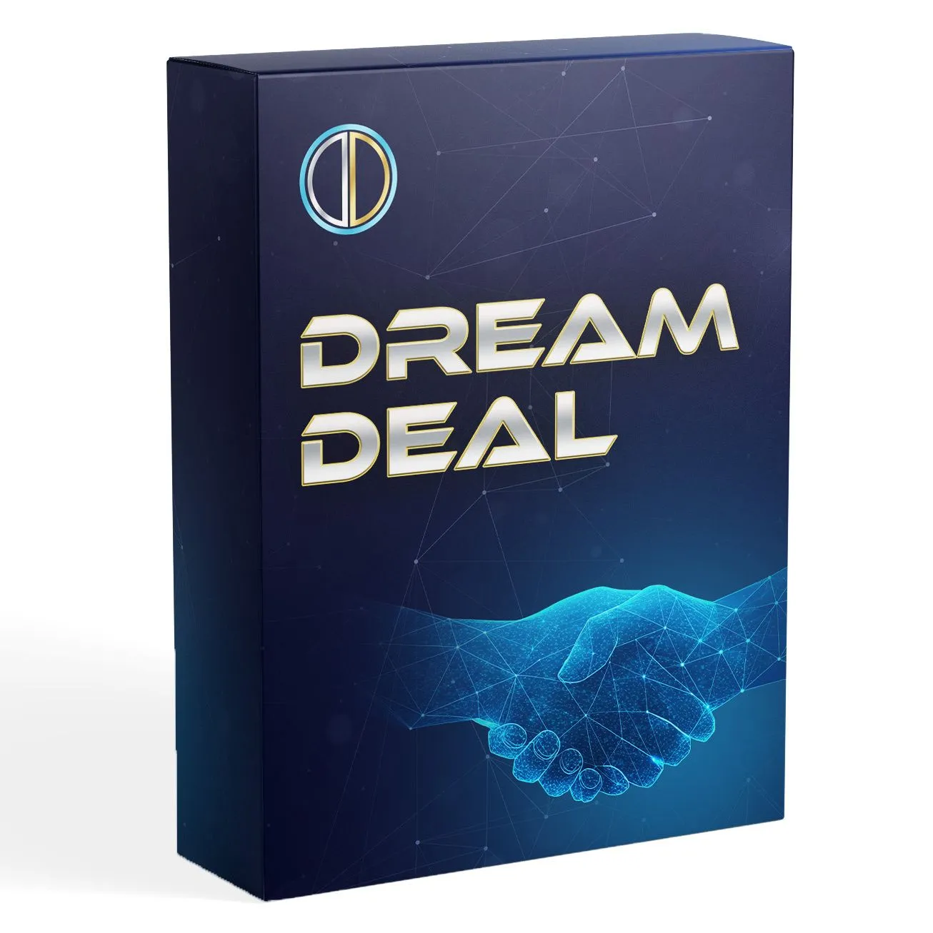 Dunkelblaue Produktbox mit dem Schriftzug Dream Deal und einem leuchtenden Händedruck
