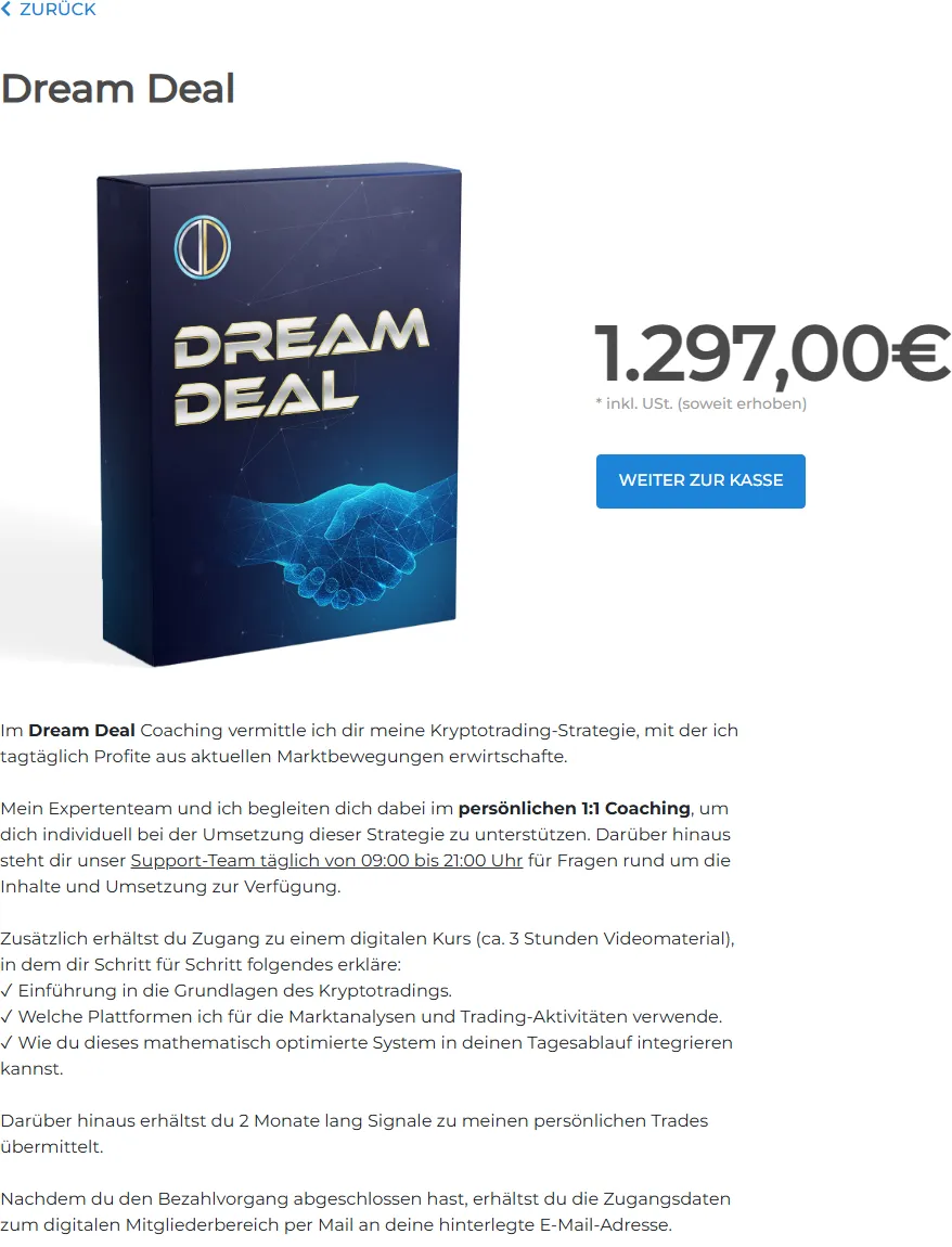 Produktseite von Dream Deal mit Produktbox, Preis und Beschreibung der Leistungen