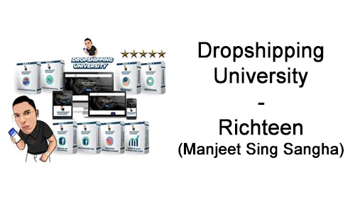 Kursboxen der Dropshipping University mit Comicfigur von Richteen und dem Schriftzug Dropshipping University – Richteen