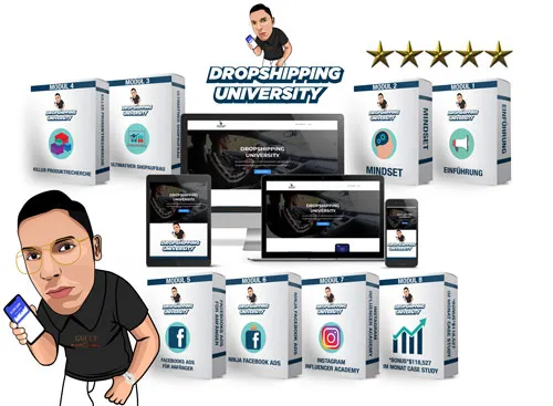 Kursboxen der acht Module der Dropshipping University mit Laptop, Tablet und Comicfigur von Richteen