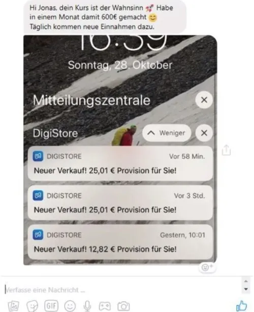 Screenshot einer Kundennachricht über 600 € im ersten Monat mit Digistore-Verkaufsbenachrichtigungen
