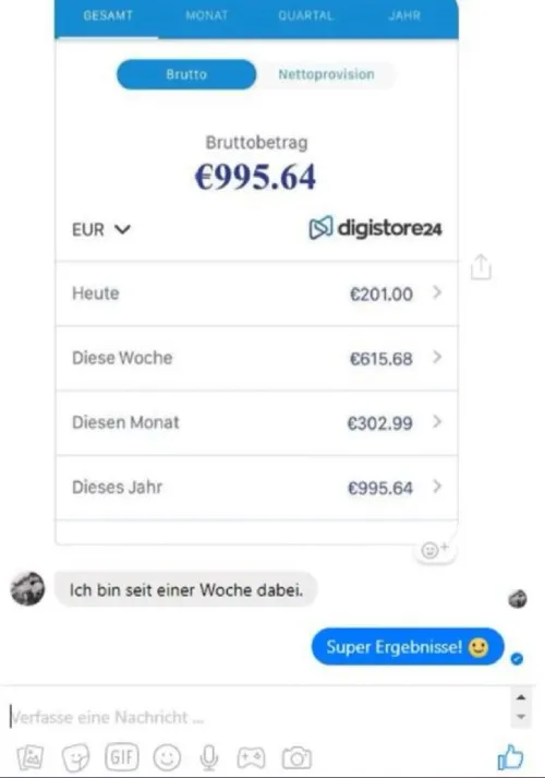 Screenshot eines Chats mit Digistore24-Auswertung von 995,64 € brutto nach einer Woche