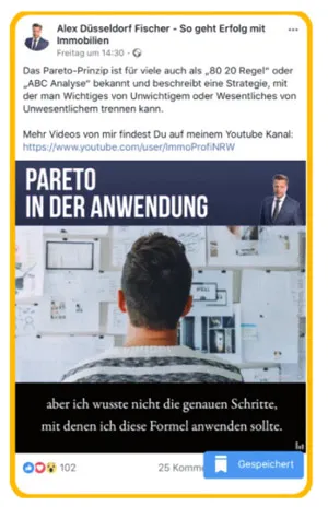 Beispiel-Werbeanzeige auf Facebook zum Pareto-Prinzip aus dem E-Book von Dawid Przybylski