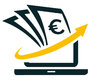 Logo des Easy Income Systems: Geldscheine mit Euro-Zeichen über einem Laptop und gelber Pfeil nach oben