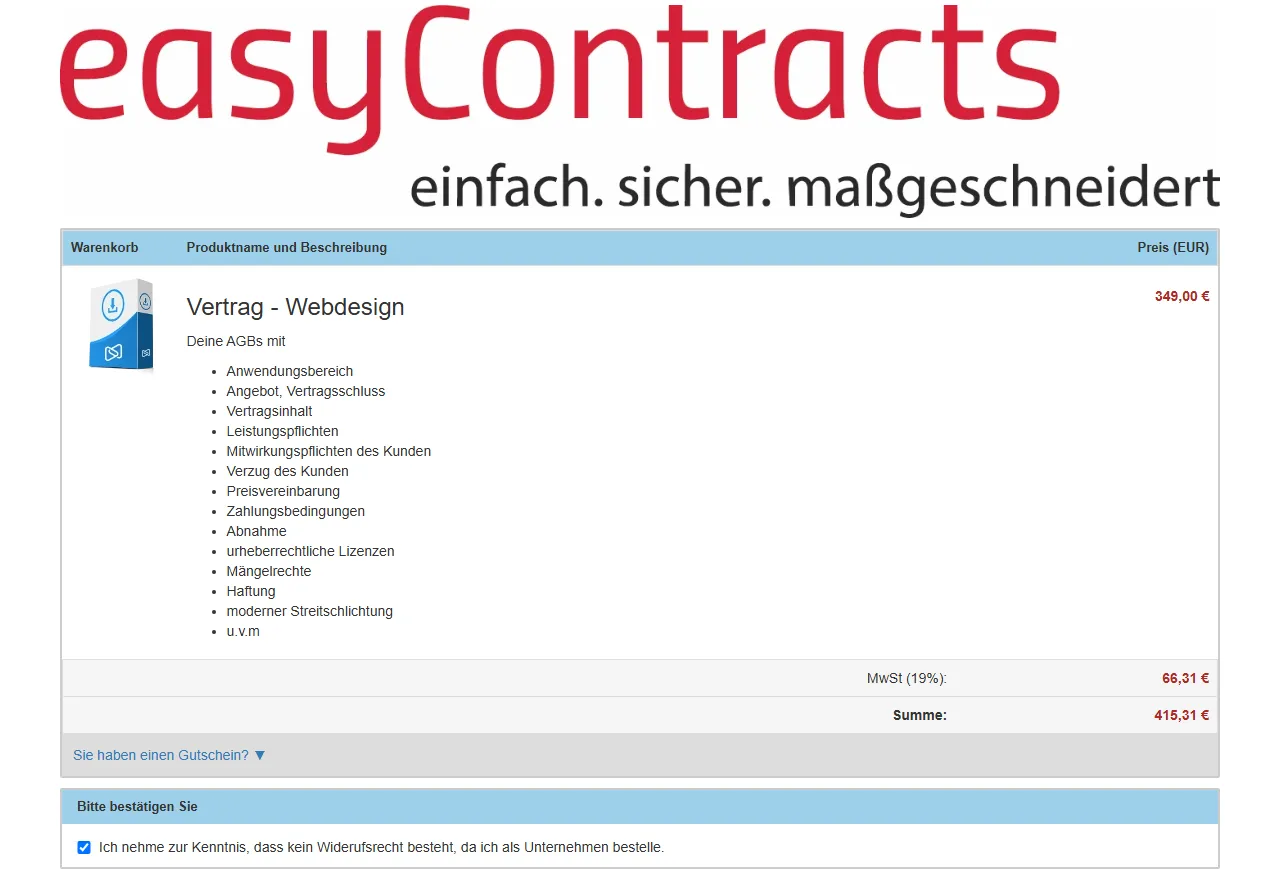 Bestellformular von easyContracts für den Vertrag Webdesign mit 349 Euro netto und 415,31 Euro inklusive Mehrwertsteuer